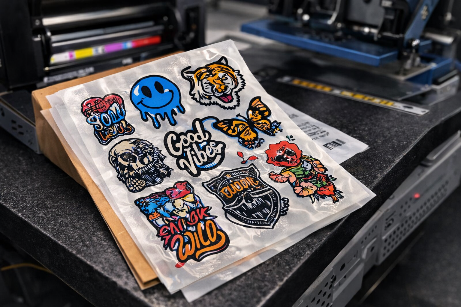 Premade DTF gang sheet on work surface