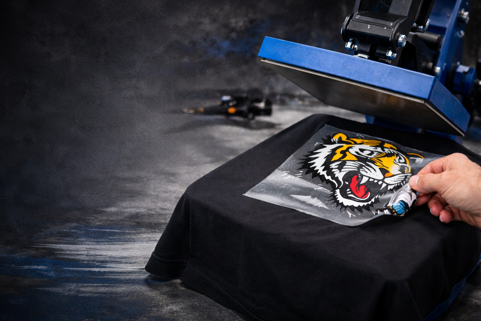 DTF transfer being applied with a heat press